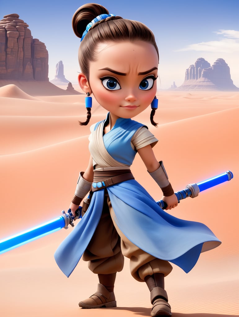 Crazy, funny 30 year old female, pale skin, straight dark brown hair tied in a ponytail, dressed as Rey Skywalker holding blue lightsaber in desert One person only.