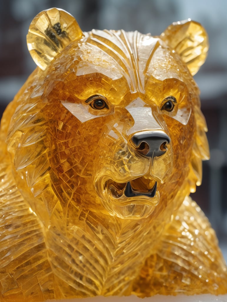 Highly detailed shot of an yellowish ice sculpture in the shape of a Russian Bear, full-body shot, dramatic shattering ice background, full motion effects, diagonal view, ice crystal particles everywhere, back light, ultra sharp focus, high speed shot, subtle color, Bioluminescence, high quality, honey