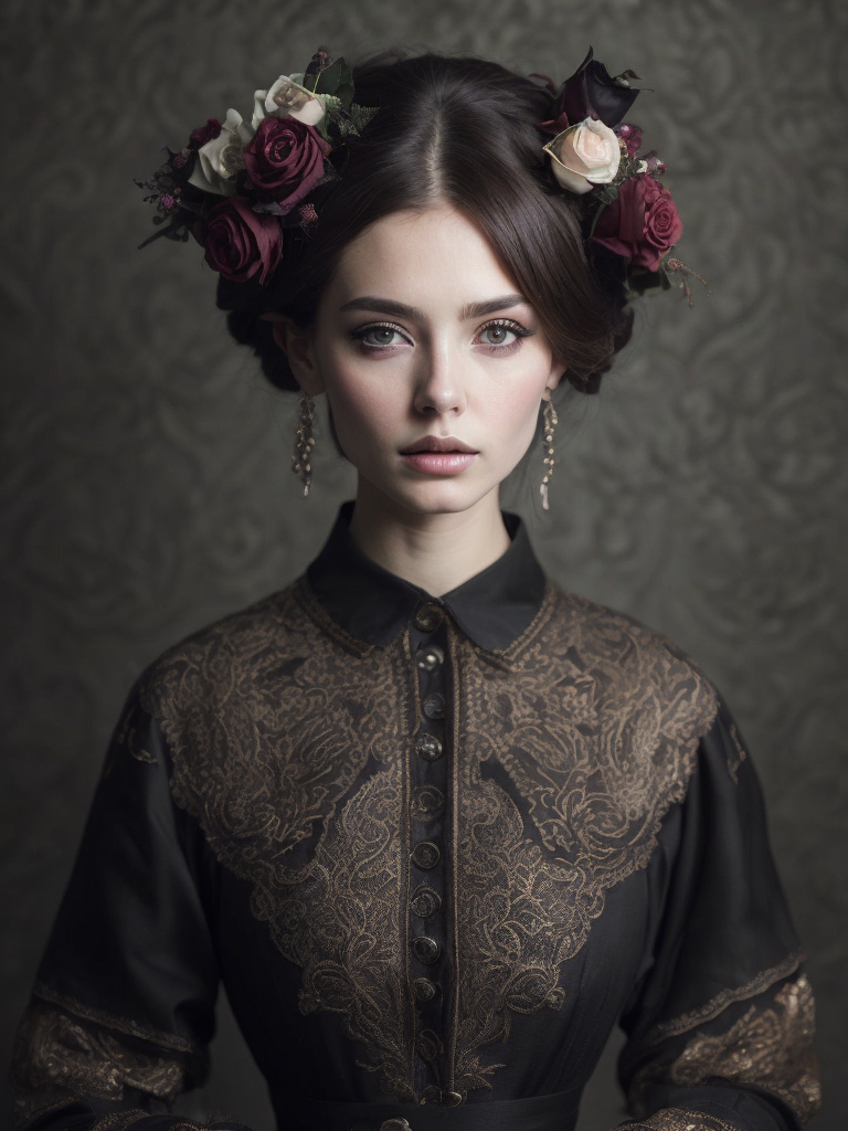 Portrait of a Beautiful women from Russian fairytale wearing traditional costume everything around black roses, deep atmosphere