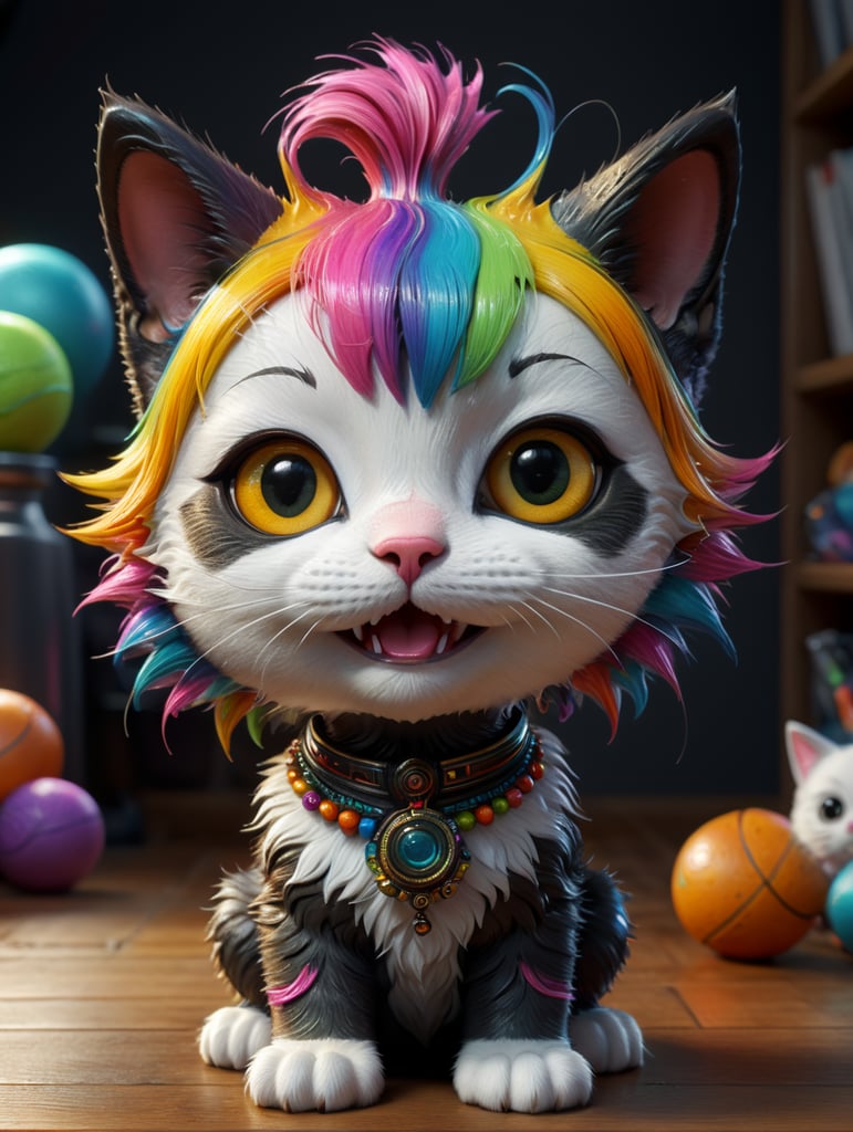 Cute 3d character, cute cat, colorful hair, blender render, y2k, art toy, creative