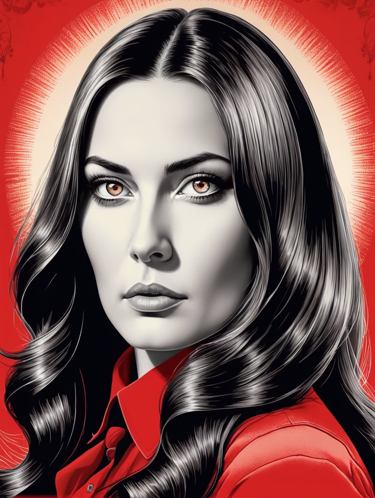 Kind beautiful mother with long hair, red background eye-catching poster-style drawing and illustration representing the iconic pulp style.