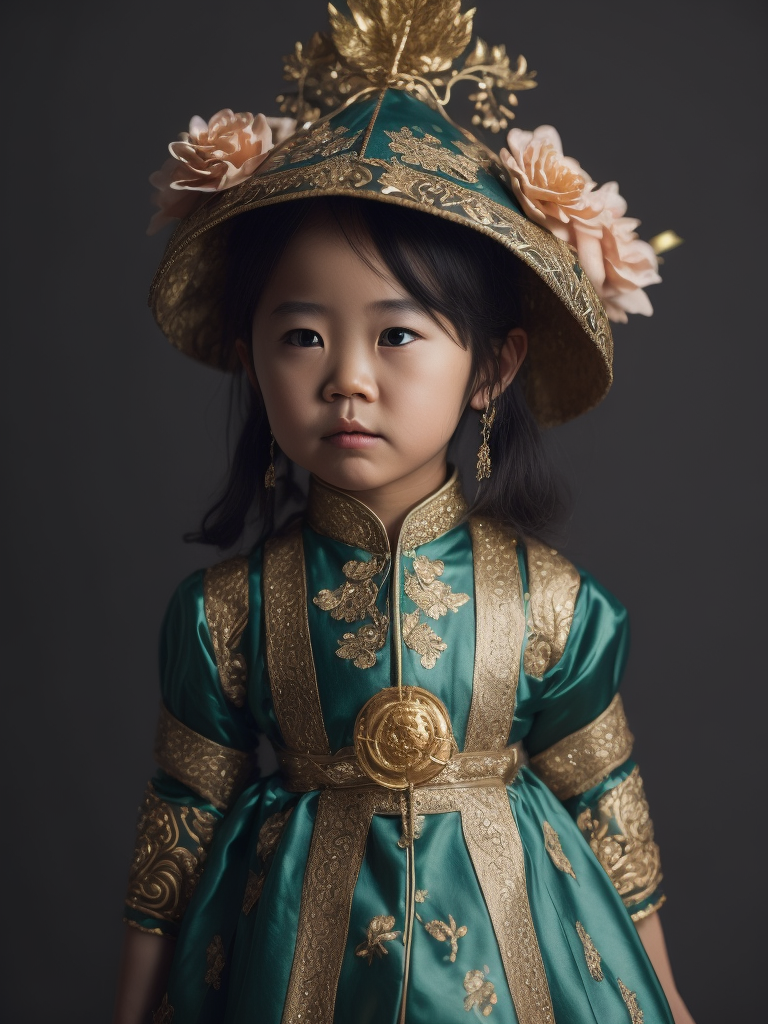 (((cute, sad little girl aged 5))) from China dressed in a (((typical Chinese colorful wedding dress, green and gold color))), (photorealistic: 1.4, lifelike), highly detailed CG unified 8K backgrounds, 1 child, looking at the viewer, (HQ skin:1.4), 8k uhd, dslr, soft lighting, high quality, film grain, Fujifilm XT3, ((simple, neutral background)).