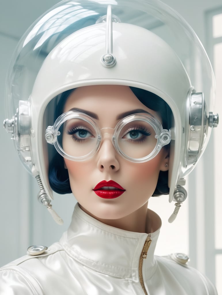 Photography in a vintage sci fi transparent space ship, 60's gorgeous nurse woman in a glossy satin white coat, wearing a large transparent plexiglass mickey mouse helmet glasses, 80 degree view, art by sergio lopez, natalie shau, james jean and salvador dali