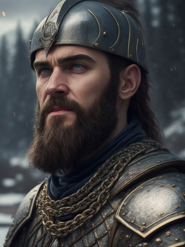Portrait of a medieval Slavic warrior with a beard, wearing a helmet and chain mail, gray-blue eyes, a face stained with blood, against the backdrop of a winter landscape