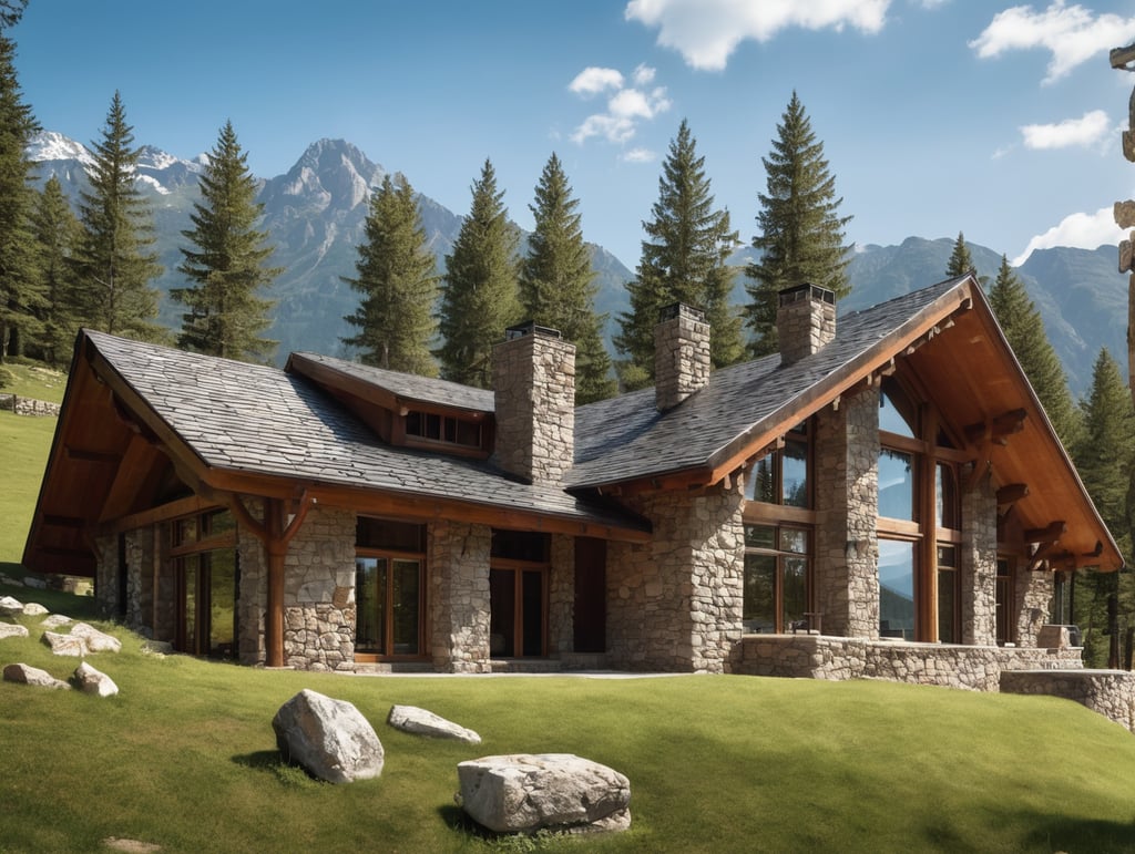 mountain house built of stone, with large windows, mountains in the background