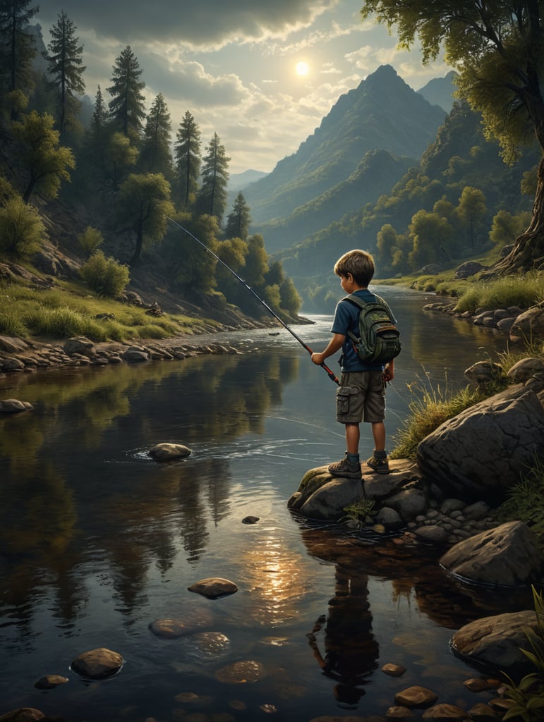 little boy fishing at a river
