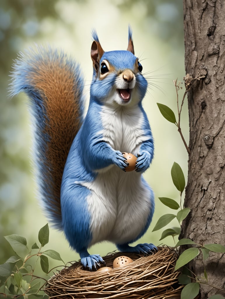 Illustrate Sammy, the Silly Squirrel, with a mischievous grin on his face as he tiptoes behind Mrs. Bluebird's nest.