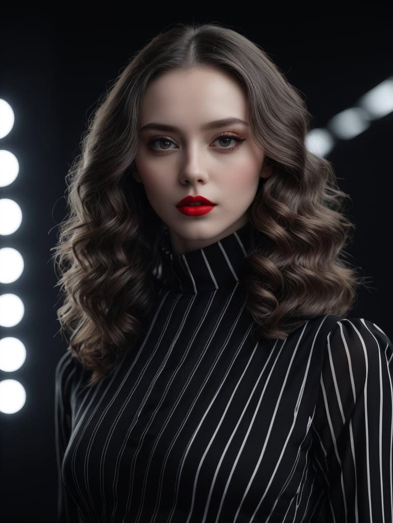 Pale-skinned girl model, wearing a black and white striped dress with a high collar, contrast lighting, Bright red make-up, Black and white curly long hair, fashion model, magazine cover, professional shot, black background