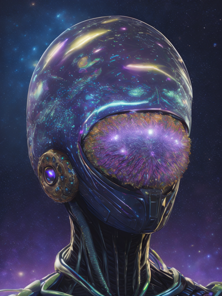 doughnut donut HEAD alien-space hybrid, detailed features holographic anatomical donut armor made of donut only::iridescent, with space appearing in the background