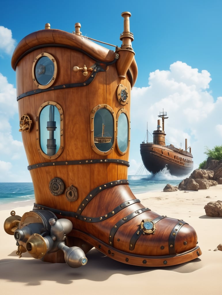 A giant's boot modified into a wooden submarine boot with a propeller on the back of the heel, a periscope, water tight, portholes. Epic composition. Highly detailed.