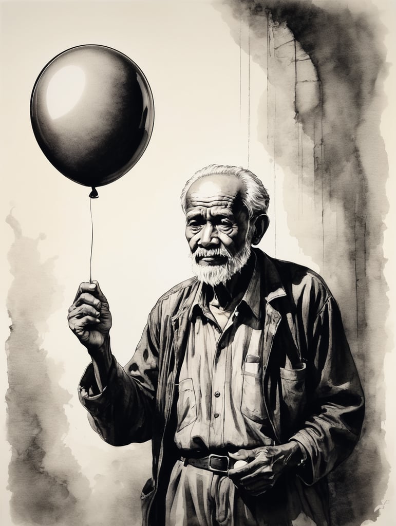 Ink pen sketch, low light, low detail, old man holds a balloon in his hand