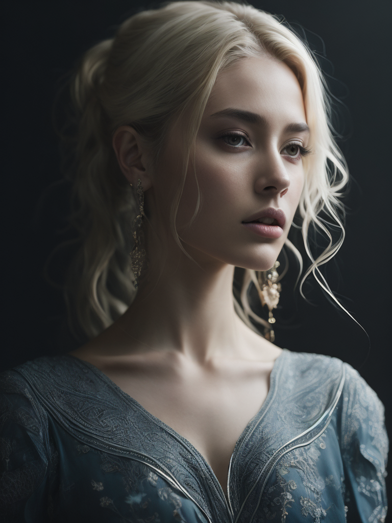 A beautiful painting featuring a young blonde woman and jewelry, in the style of zhang jingna, rinko kawauchi, baroque - inspired details, dark gold and light blue, fanciful, dreamlike imagery, hyper - realistic details, enchanting realms