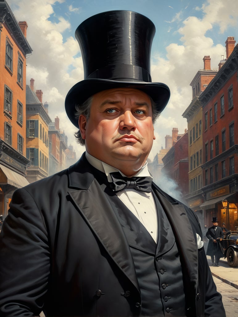 Portrait of a very rich obnoxious and polished fat businessman, wearing a black tailcoat and a black top hat, looking up with an arrogant look, standing in the middle of the street, early 19th century, style by Gil Elvgren