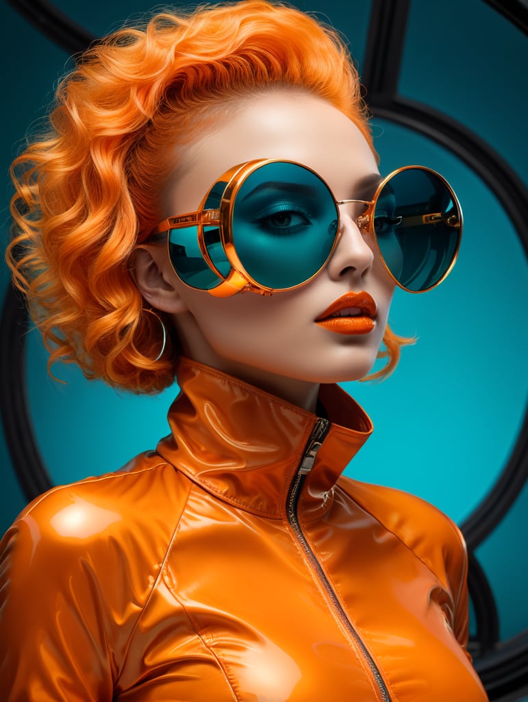 Envision a world where the blend of vintage glamour and ultramodern aesthetics coexist. Dive deep into a color palette dominated by electric teal and fiery orange, where the hues don't just complement, but amplify each other. The subject is a figure of undeniable style and sophistication, reminiscent of a retro diva, but adorned with the trappings of a futuristic realm. Key elements: Hair: Voluminous, curly, and dyed a radiant shade of neon orange that seems to emit its own light. It should stand in stark contrast to the rest of the surroundings. Eyewear: Oversized sunglasses with a reflective teal lens, edged with a metallic frame. The design is sleek, bold, and evokes the sense of advanced technology. Attire: A glossy, skin-tight jacket in a shade of muted gold or mustard. This garment should exhibit a blend of past and future fashion, a statement of class, and cutting-edge design. Makeup: Ethereal, with metallic lips that match the jacket and teal eyeshadow to mirror the sunglasses. The skin should have