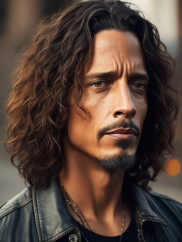 Close up photo of the face of Singer Chris Cornell of the band Soundgarden, photorealistic, hyper realistic