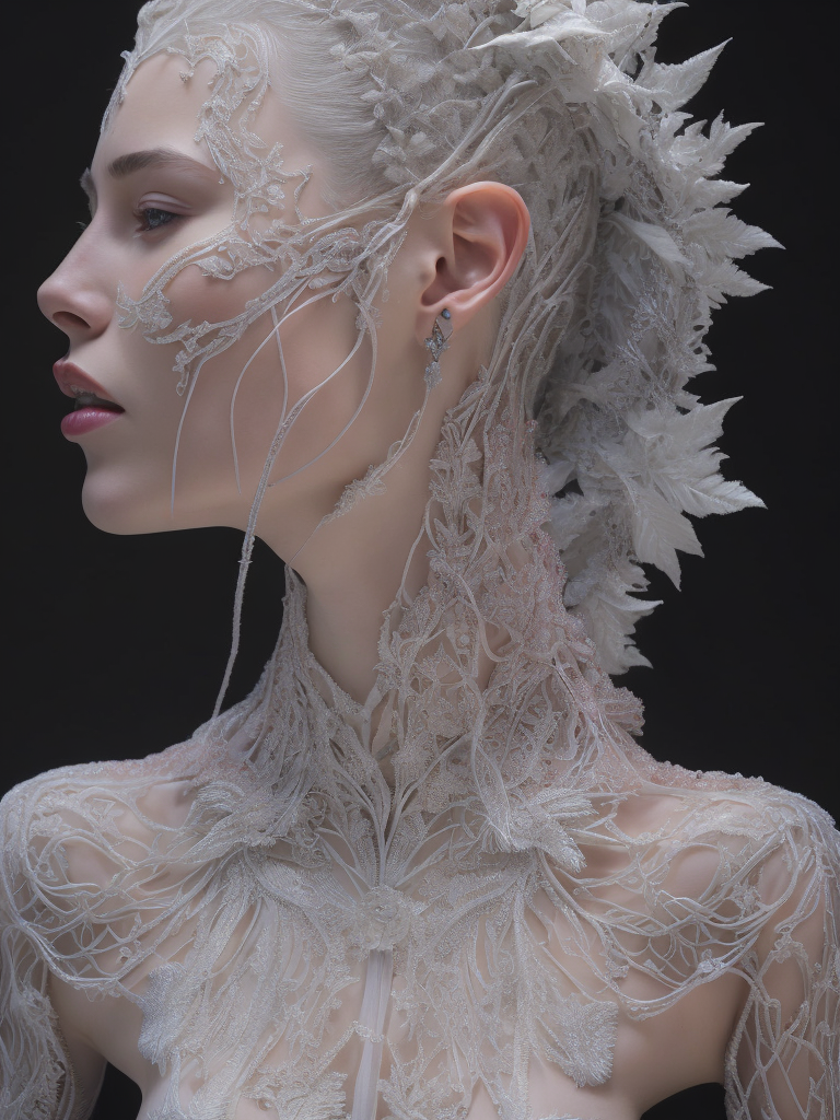 Complex 3d render ultra detailed of a beautiful profile angel, biomechanical cyborg, analog, 150 mm lens, beautiful natural soft rim light, big leaves and stems, roots, fine foliage lace, colorful details, samourai, boris bidjan saberi outfit, pearl earring, piercing, art nouveau fashion embroidered, intricate details, mesh wire, mandelbrot fractal, anatomical, facial muscles, cable wires, microchip, badass, hyper realistic, ultra detailed, octane render, volumetric lighting, red and white with a bit of black, detailled metalic bones, semi human, iridescent colors, glenn brown style, black background