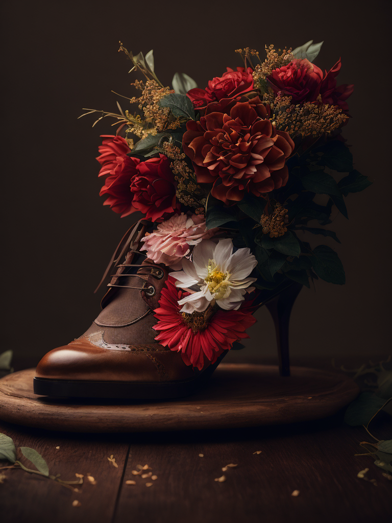 realistic photo of shoes with flowers, deep atmosphere, dark, saturation, vibrance, sharp on details