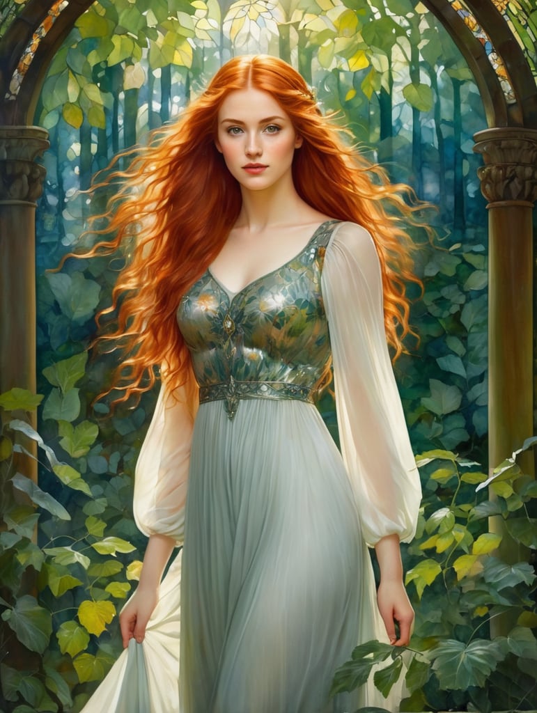 A red-haired young beautiful girl with long hair and a light dress against the backdrop of a dense forest, painting, oil, water color, Gouache, Stained Glass, style of Edward Burne-Jones