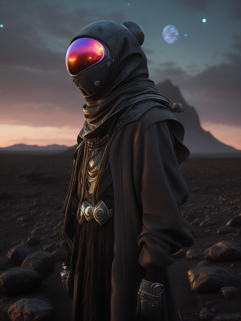 an professional high fashion portrait studio on a tarot card of an epic, masterpiece, alien friendly standing on moon wearing a high fashion dress and a neon visor in an black rock environment at dawn with a galactic black hole, expansive:2 hyper realistic, 8k, raytracing, close shot, cinematic look, avant garde fashion look, luxury, elite, cinematic, designer fashion, Alexander McQueen, Rick Owens, Yohji Yamamoto Y3, Balenciaga, Burberry
