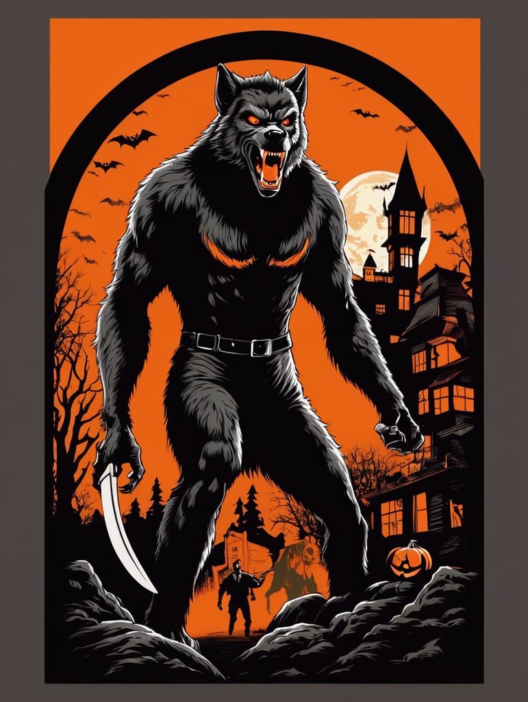 1950's b-movie horror halloween t-shirt print design featuring a werewolf, orange and black hues and lighting