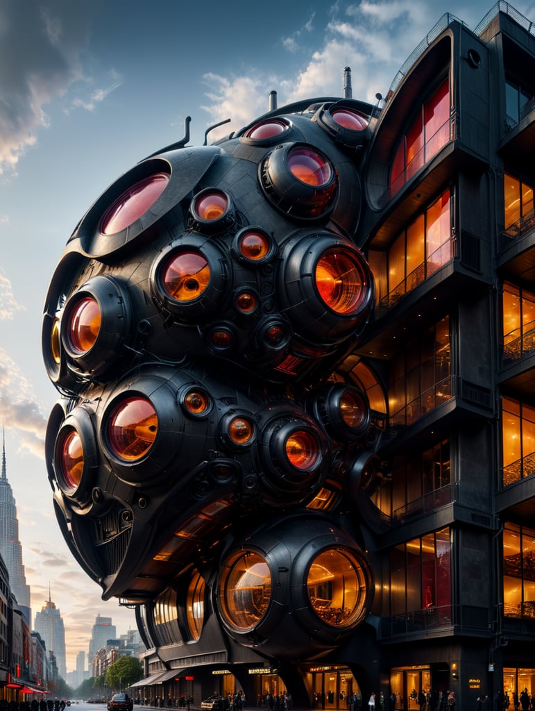 the craziest, bentwood, far view lens architectural modern style hyper realistic hyper detailed neocosmic exterior architecture design of a wasp Fluid complex facade, geometric shapes spectrum, black::1 red:3, Antoine Blanchard architecture art style, in new York city, dramatic ambient, natural lighting
