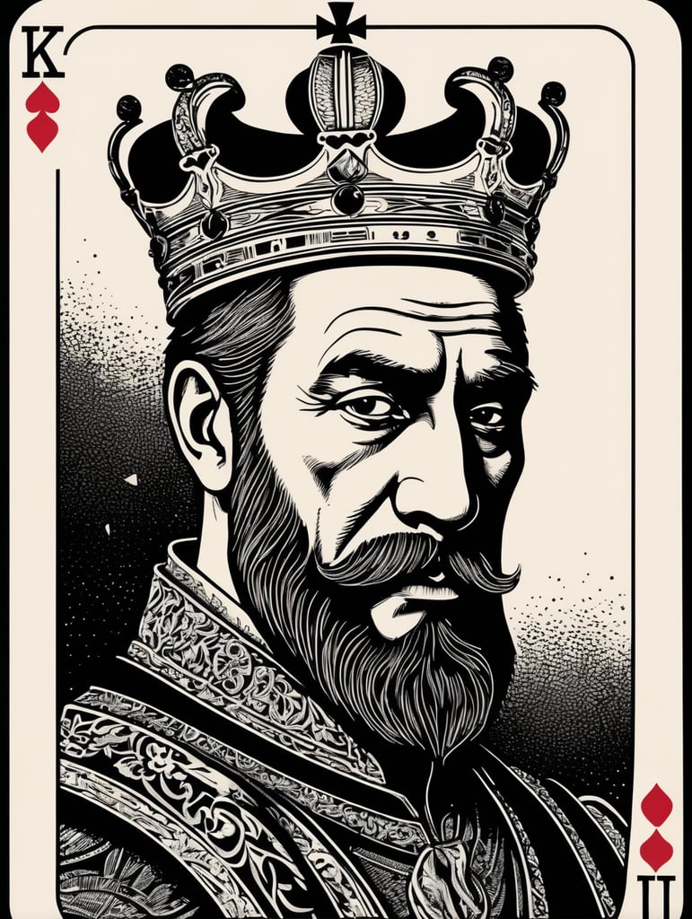 king of clubs playing card, face card, linocut art style, black ink, ultra realism, super detailed, professional shot, bold saturated colors, sharp focus, highly detailed