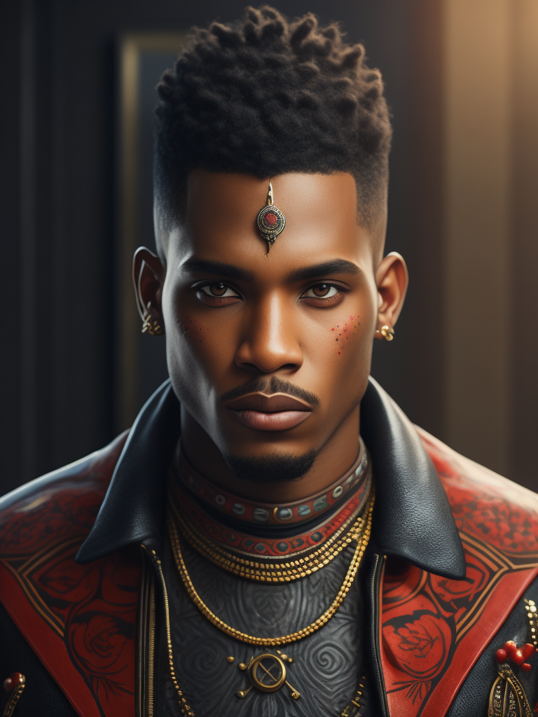 Portrait of a handsome indigenous male gang member, tattoo of a red bear on his chest, bright and saturated colors, elegant, highly detailed, vogue, fashion magazine, sharp focus, bright expressive makeup, dramatic lighting, depth of field, incredibly high detailed, blurred background