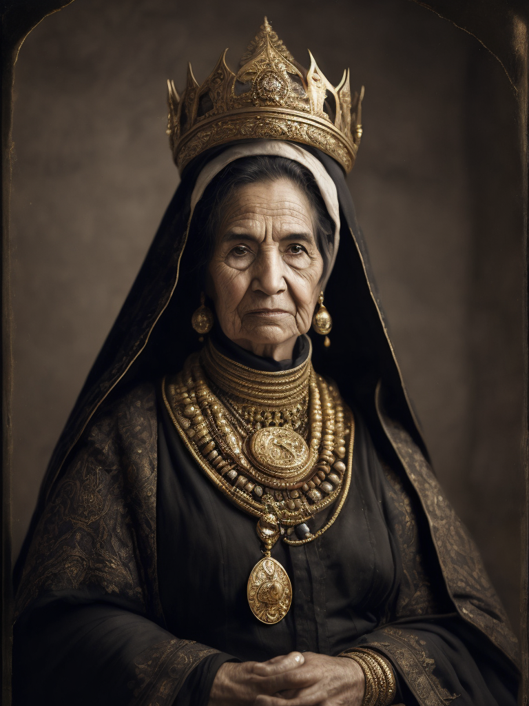 vintage Daguerreotype photo, black and white, ultra-detailed 100 years old woman with arabic hibab, black cloak and gold crown in the ottoman throne kingdom, ethnic jewelry, narow depth of field, detailed wrinkled face, apocalyptic environment, natural body posture, captured with antique big format camera, 64k, ultra-detailed, ultra-accurate detailed, scratched