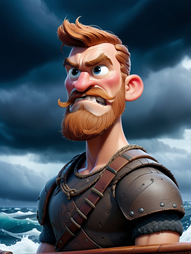 A portrait of viking warrior at the boat in the ocean, stormy weather