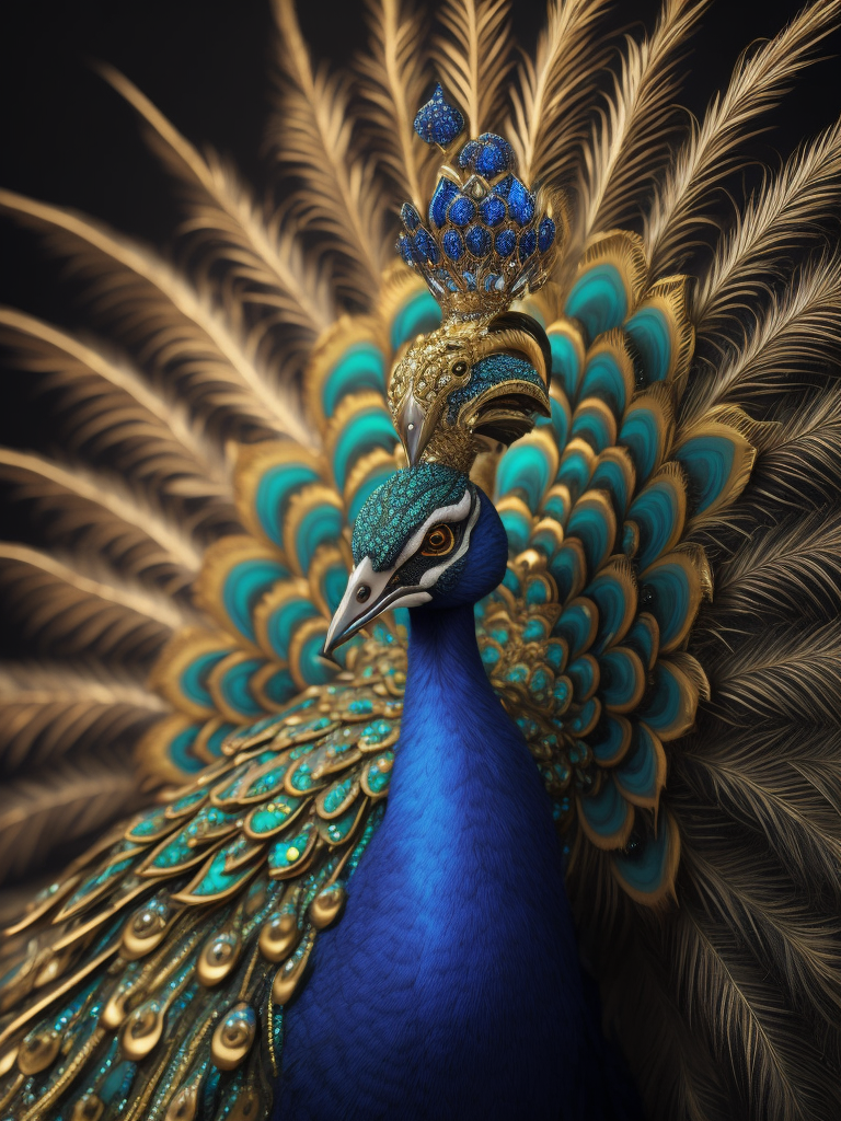 Magical king peacock wearing expensive jewelry that is magnificent, incredibly detailed, intricate, with brilliant bright shimmering sparkling glittering diamonds on glowing shining precious luminous gold, Royal rich luxurious