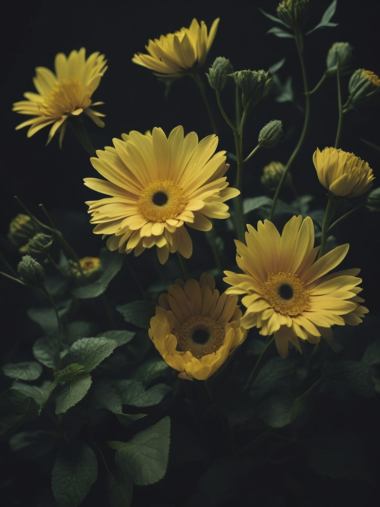 yellow flowers, dark atmosphere, deep colors, clear details