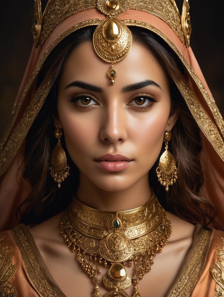 a photorealistic woman golden mage of a stunningly beautiful Emblem of The Middle Eastern unique cultural identities.extremely detailed, detailed symmetrical realistic face, natural skin texture, extremely detailed skin with skin pores, peach fuzz , wearing a masterpiece , absurdres, award winning photo by lee jeffries, nikon d850 film archival photography, kodak portra 400 camera f1.6 lens, extremely detailed, amazing, fine details, rich golden color, texture hyper realistic, spectacular lighting, unreal engine, trending on artstation, cinestill 800 tungsten, looking at viewer, realistic photo, RAW photo, TanvirTamim, high quality, high resolution, sharp