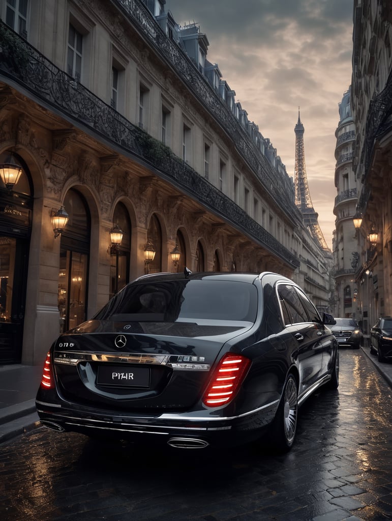 high quality cinematic Mercedes-Benz Maybach decorated with diamond stones in the city of Paris