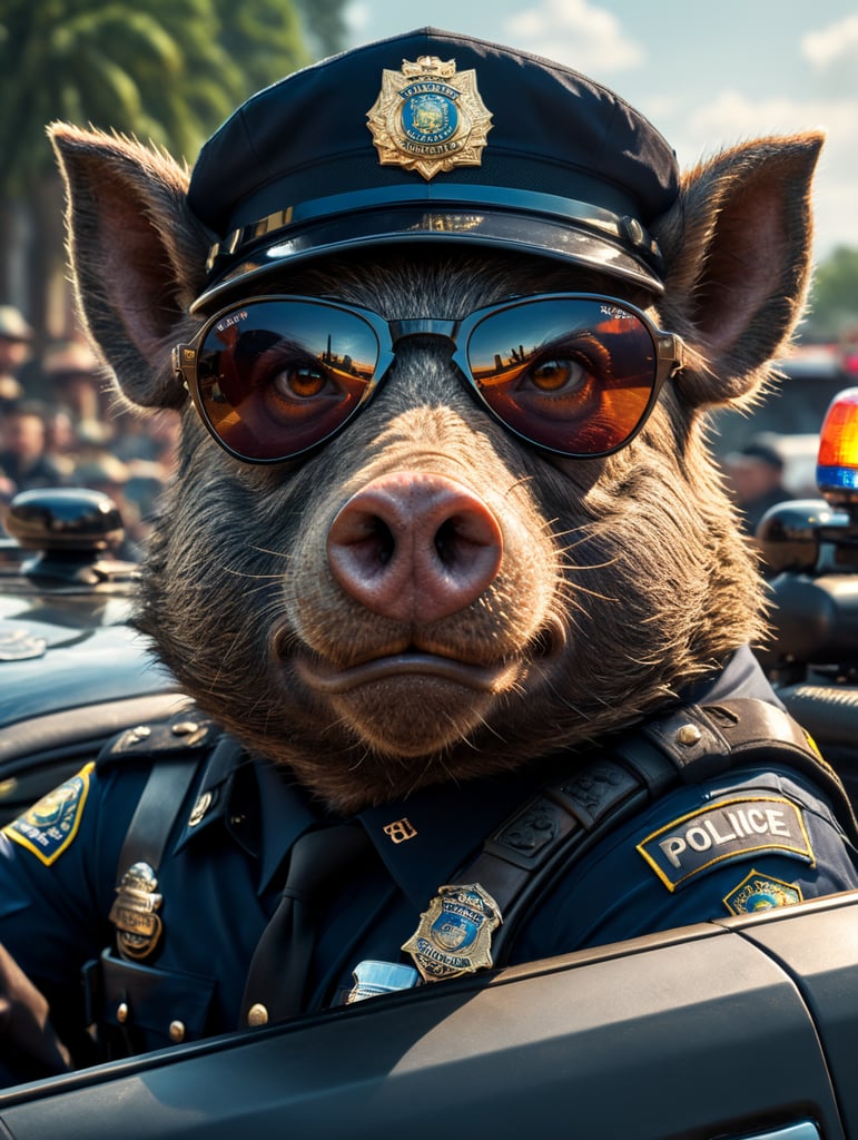 A wild boar police officer, sitting behind the wheel of a police car, close-up shot, sunglasses, clipart, stock photo