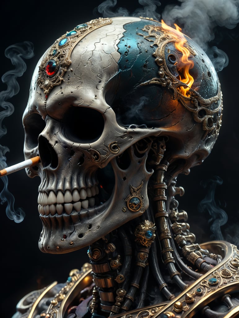 futuristic scull smoking a cigarette