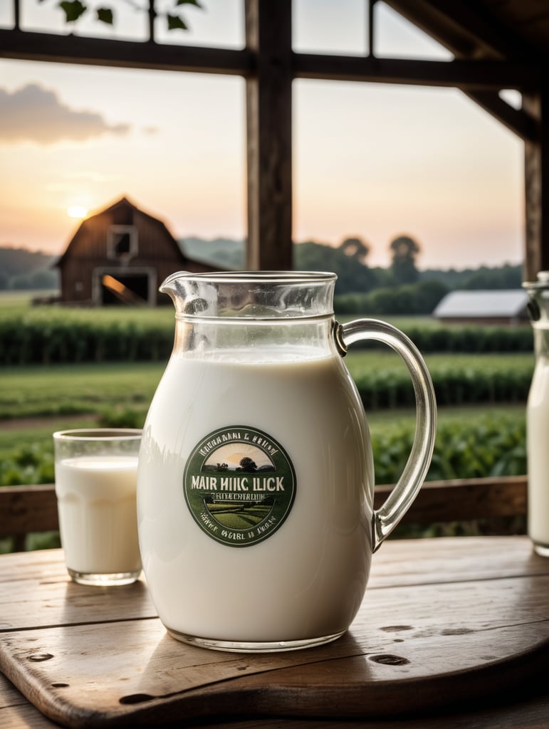 A mockup of a jug of milk, early morning, farm blurred background