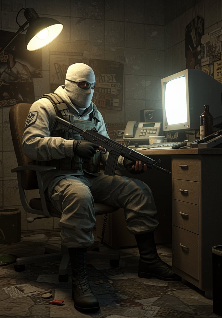 Premium Free ai Images | Terrorist at Desk: 90s Style Portrait