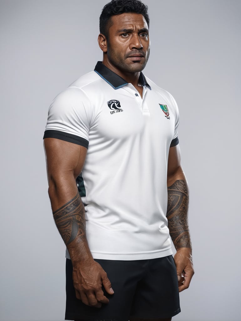 buffed Fijian man playing rugby