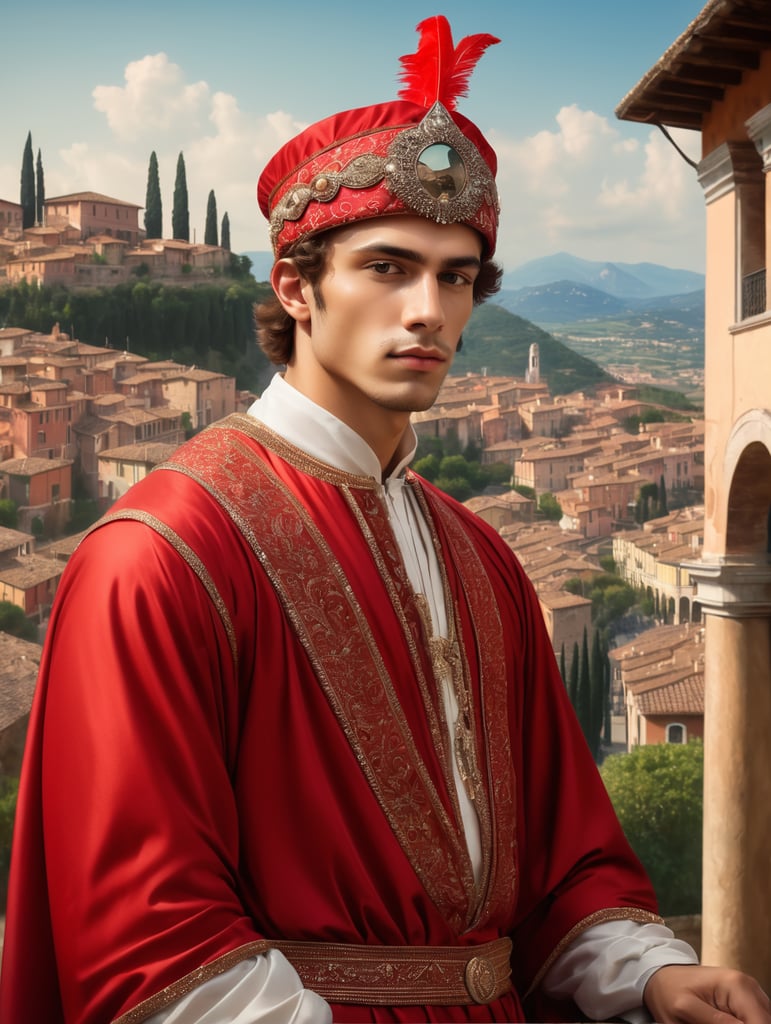 A young man in a headdress and red clothes against the backdrop of an Italian town, style of Alessandro Allori