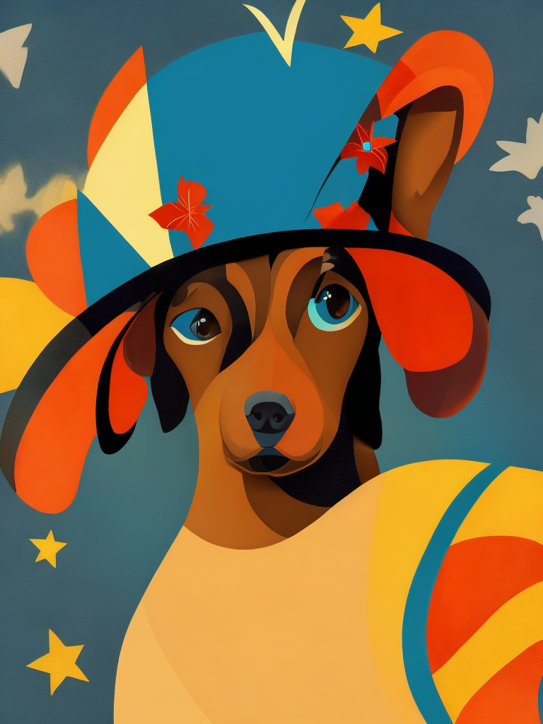 a dog, wearing a hat, Illustration, Disney, USA, style of Mary Blair