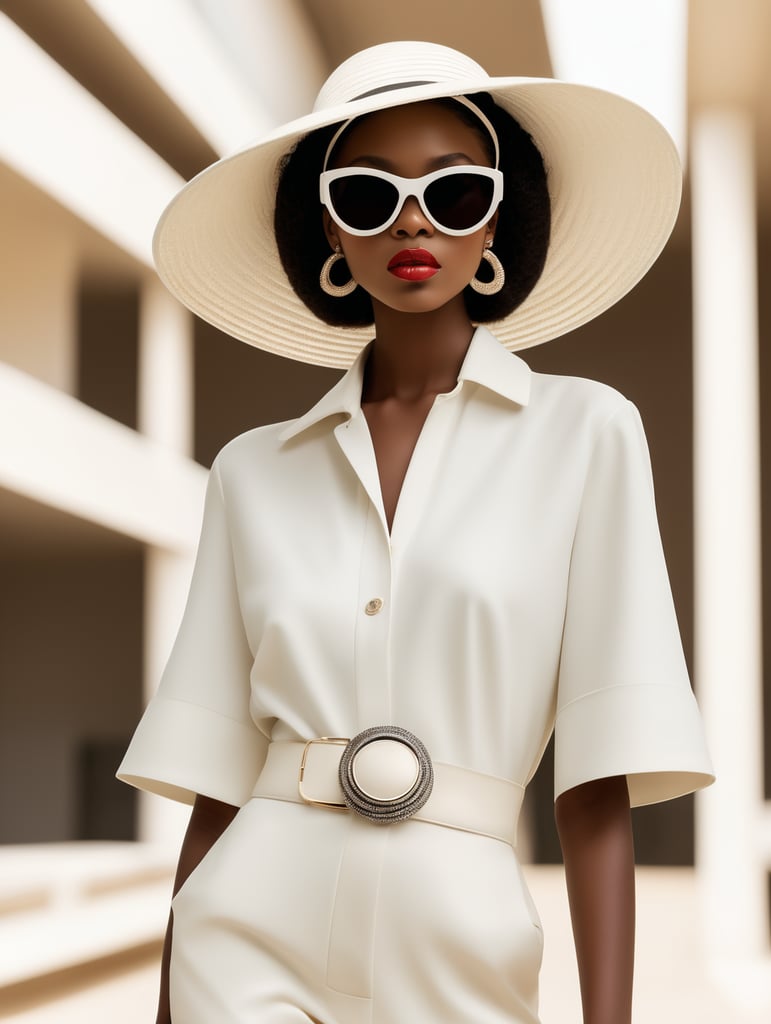 Fashion design work feauturing a (Chanel) female (Nigerian) model wearing minimalist women’s clothing, wearing a big hat and Chanel sunglasses, shot in a Bauhaus buiding with bright and soft lighting, creative a minimalist and sleek style with a sense of sophistication and high end feeling, fine lines and intricate details, realistic anatomies, Nikon D800