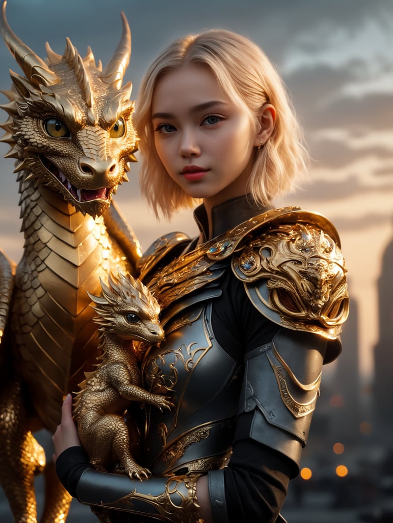 Cute young blonde headed cyberpunk girl holding her golden baby dragon, fantasy, exquisite detail, catch light, low contrast, high sharpness, depth of field, golden hour, ultra detailed photography, shiny stars in the sky