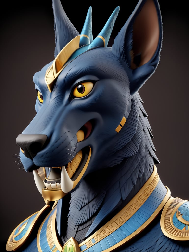 Egyptian god Anubis, portrait, hyper-realistic, dark style, focus on face, sharp on details, black background