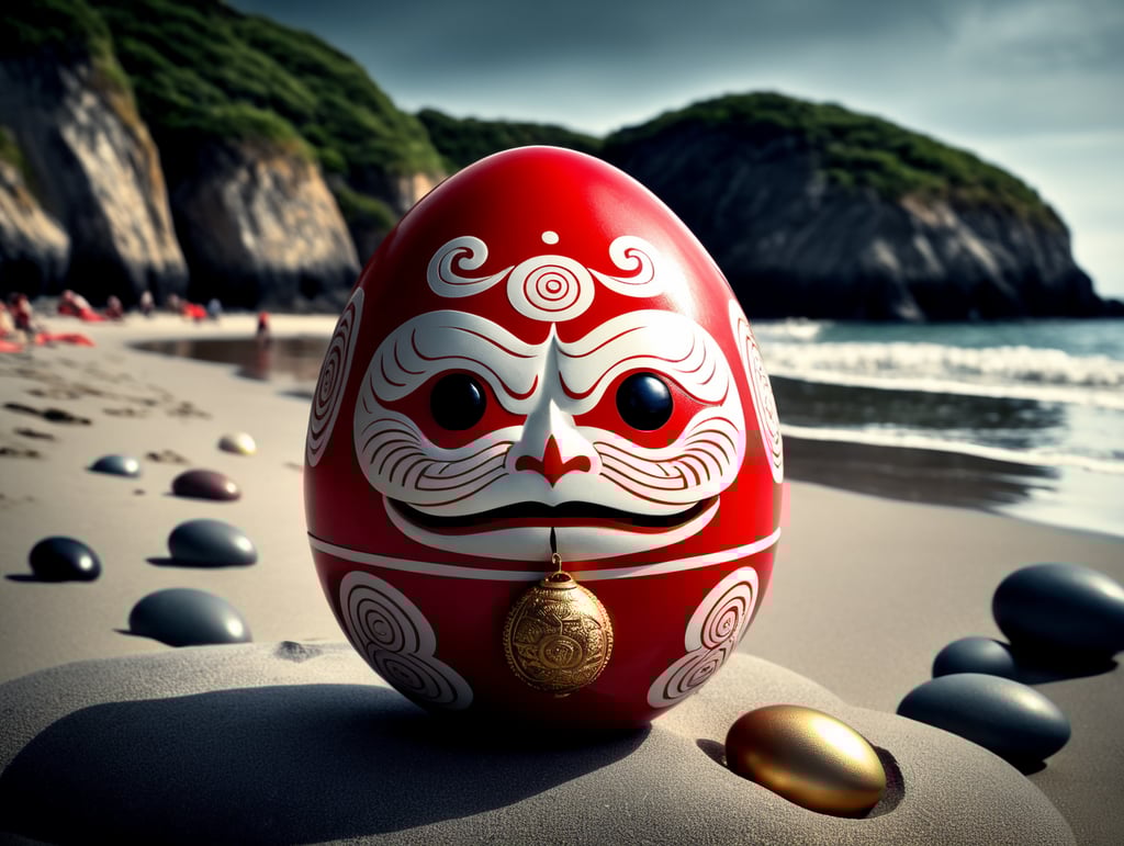 Japanese happy small daruma figure as an red and white dominated egg with gold. Situated on a beach close to the sea. Left eye has no pupil