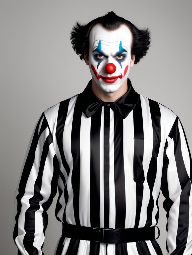 clown in a black and white stripes prison jumpsuit uniform