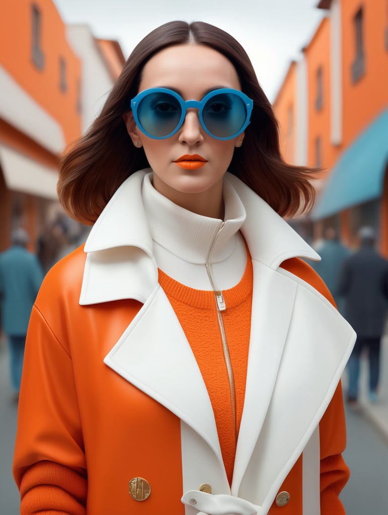 Front face half body photography, in a suburb, Pope Francis wearing a orange color sweater and wide open white coat and large sunglasses walking in the street, 360 degree view, art by sergio lopez, natalie shau, james jean and salvador dali