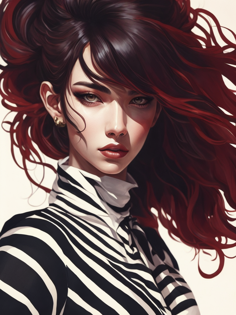 Pale-skinned girl model, wearing a black and white striped dress with a high collar, contrast lighting, Bright red make-up, Black and white curly long hair, dark background, fashion model, magazine cover, professional shot,