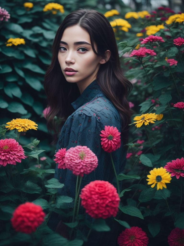 Girl in a blooming garden, fashion editorial, floral edition, millions of colorful flowers, analog fashion portrait