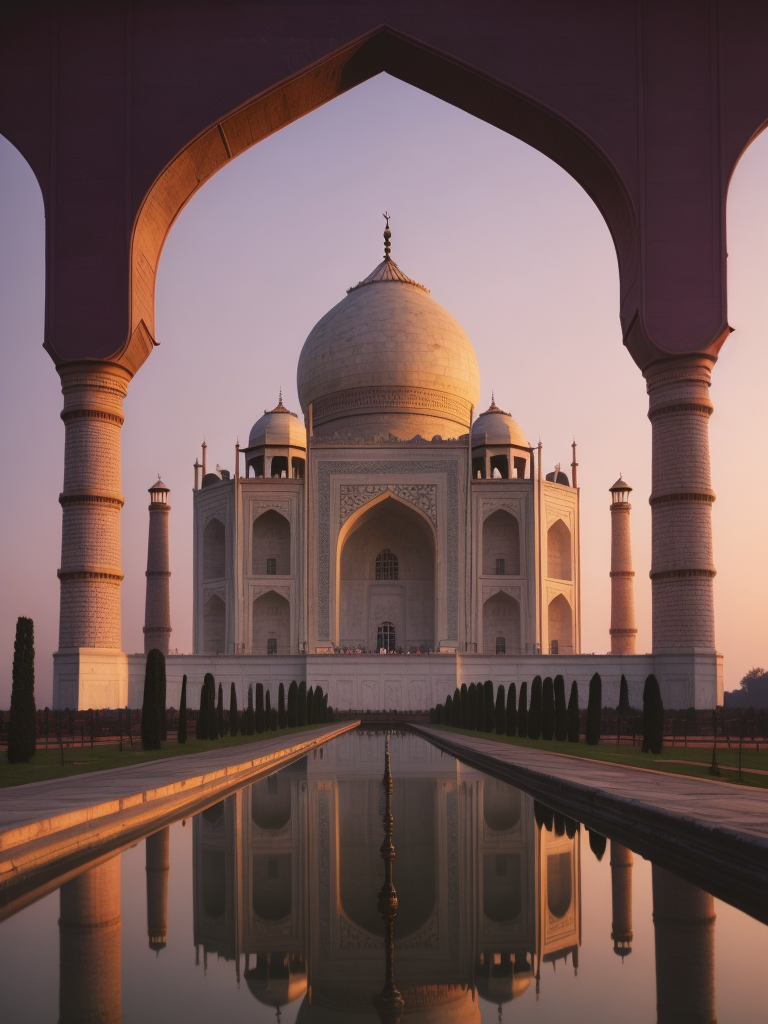Taj Mahal, pink purple sunset,