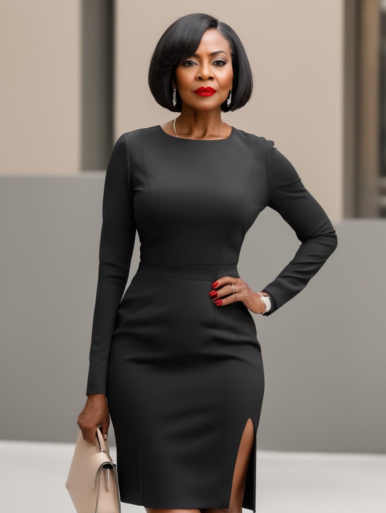red lips older black woman, tall slender, full body, black dress, short black bob hair, business background